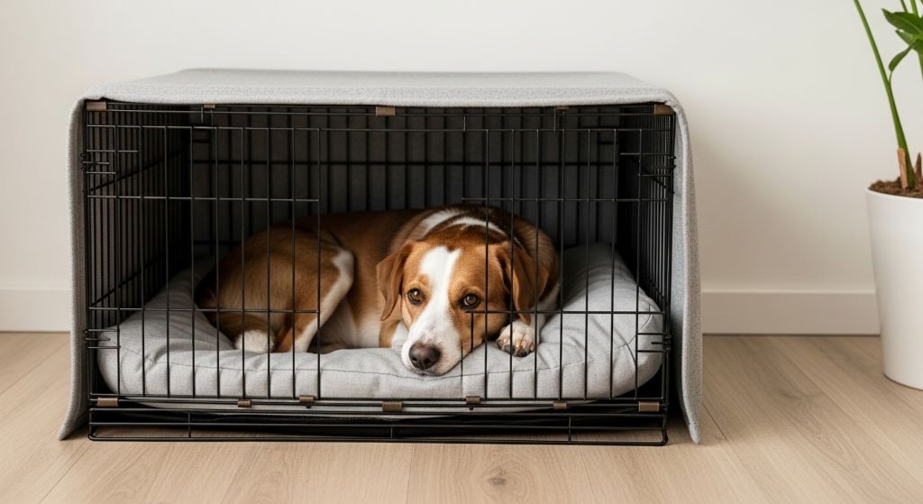 Dog resting in cozy covered crate retreat space showing safe quiet area for pet privacy and stress reduction at home