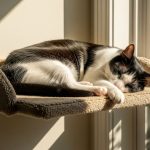 Cat relaxing on elevated window perch with natural sunlight demonstrating vertical space and environmental enrichment for indoor pets