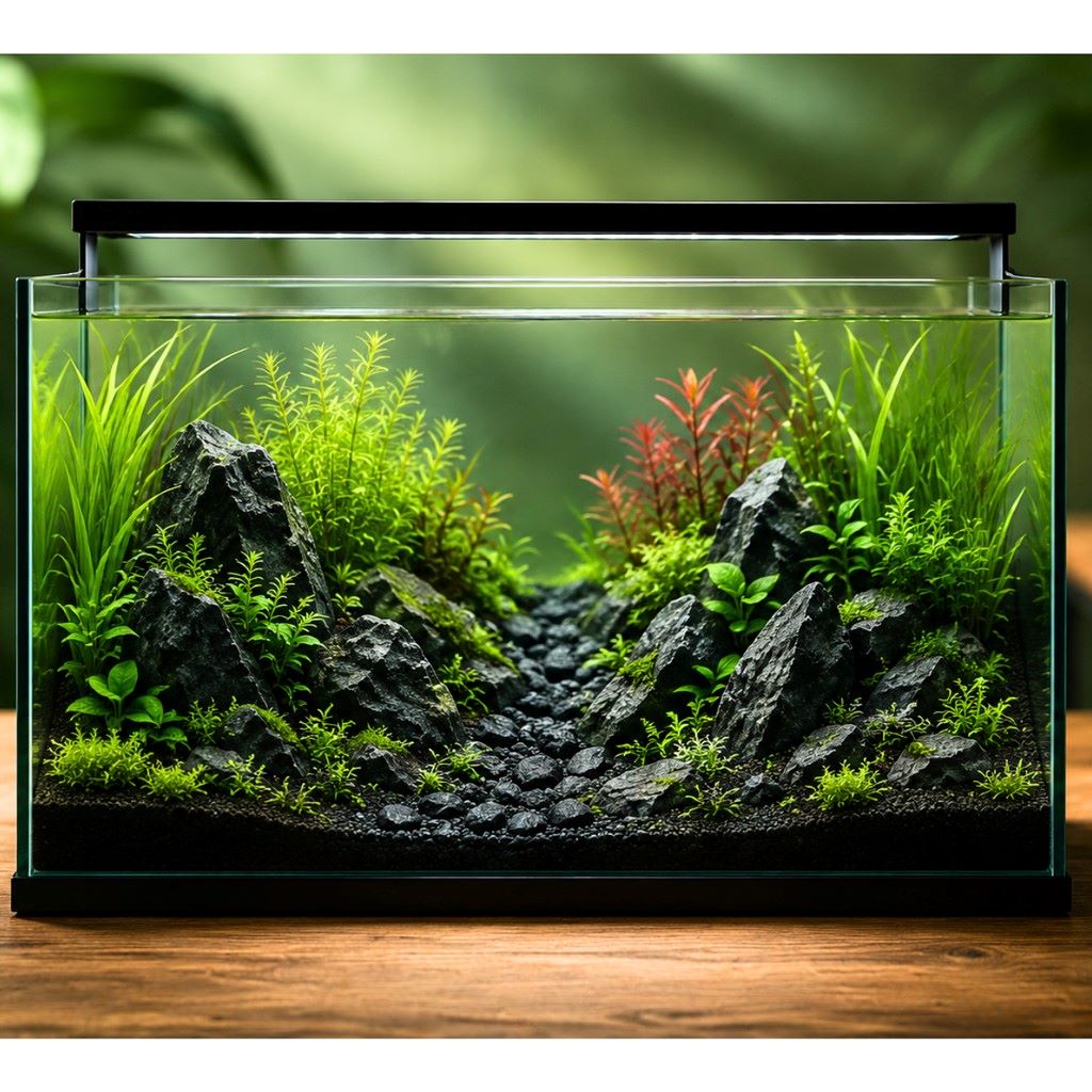Modern fish tank featuring black aquarium gravel and lush aquatic plants