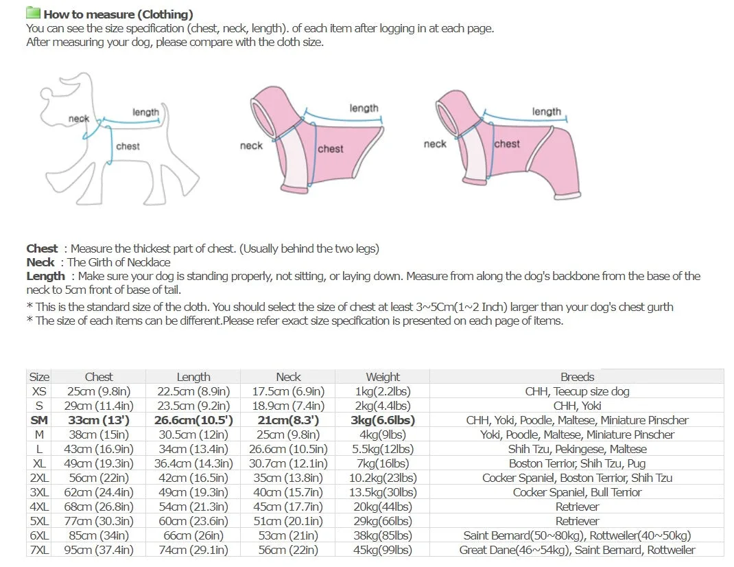 Canine apparel sizing chart